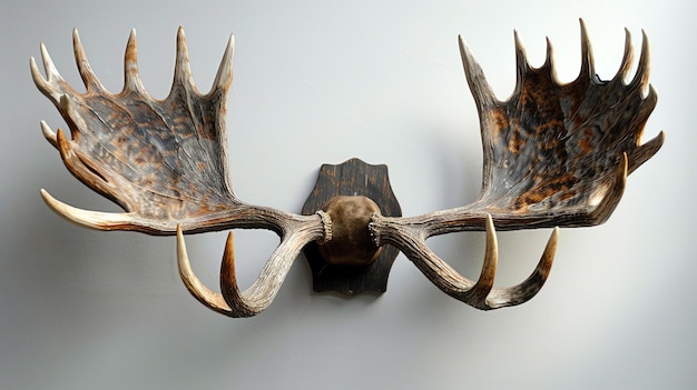 Photo a large set of moose antlers mounted on a wooden plaque the antlers are dark brown and have a beautiful natural shape