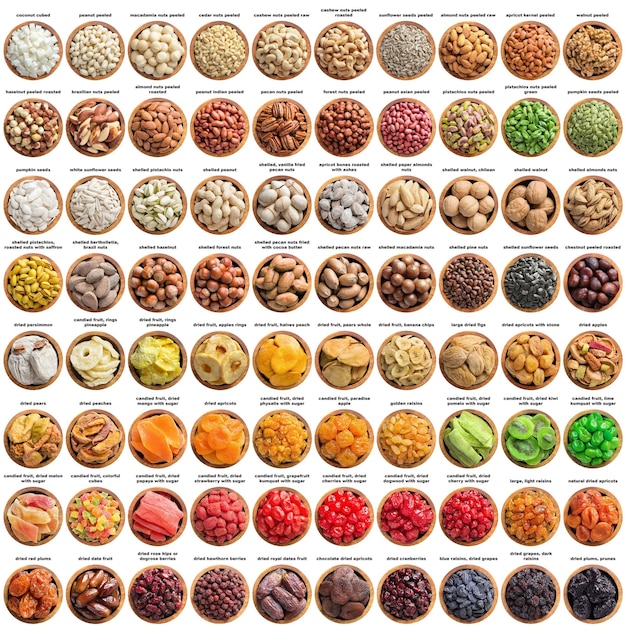 Large set nuts seeds candied and dried fruits isolated on white background