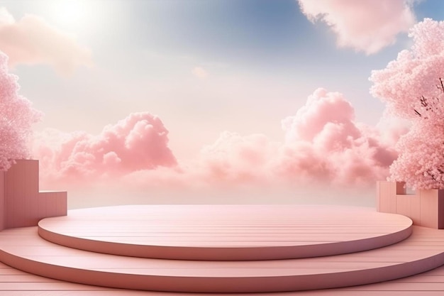 a large set of stairs with a pink sky and clouds in the background.