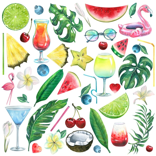 A large set on the theme of a beach bar with cocktails fruits berries tropical leaves and flowers pink flamingos and sunglasses Watercolor illustration For decoration and design