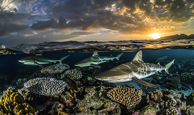 a large shark is swimming in the water with other fish