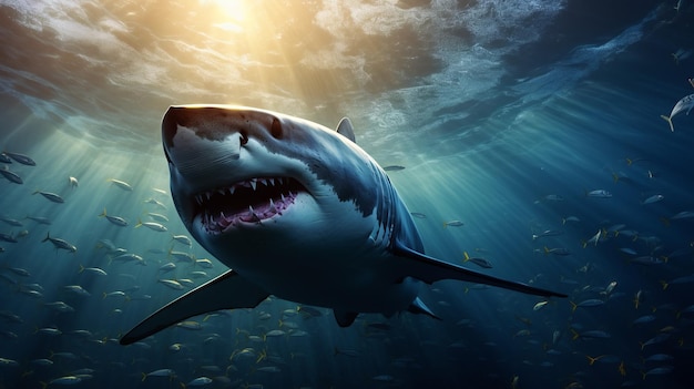 A large shark with an open mouth swims underwater with small fish in a blue sea with falling sunlight