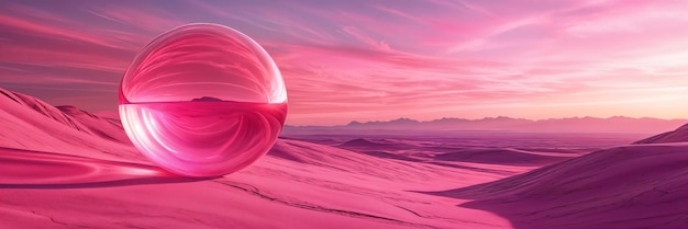 Photo large shiny red ball resting on a sandy surface with a pinkishred sky in the background