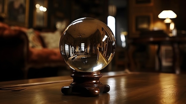 A large shiny transparent glass ball sphere crystal in the table indoor