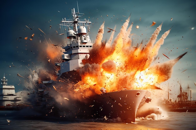 A large ship is being destroyed by a fireball.