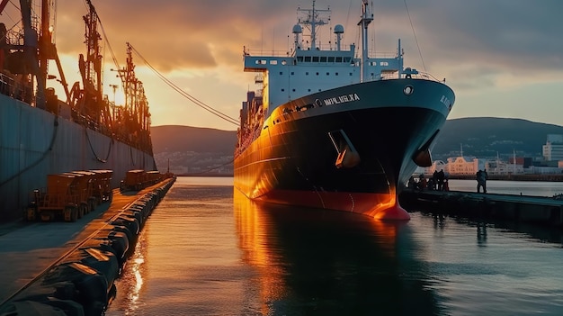 Photo a large ship is docked in the water