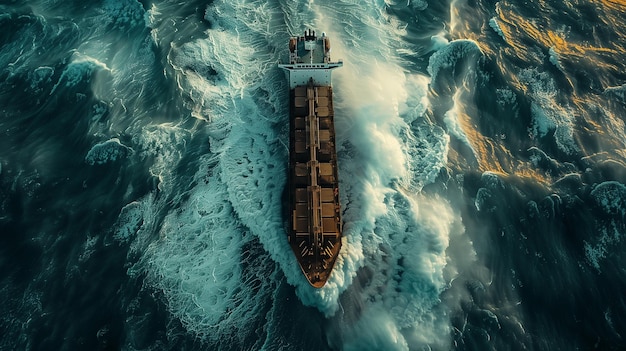 A large ship is sailing through rough waters