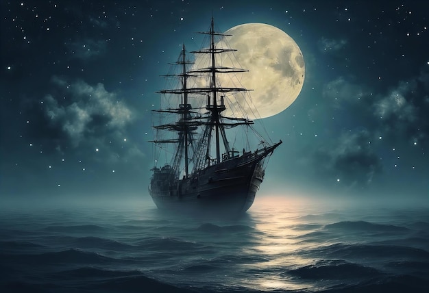 large ship sails in the ocean under a full moon