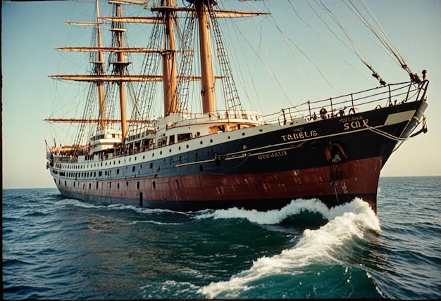 a large ship with a large sail on the front and the word samsung on the side