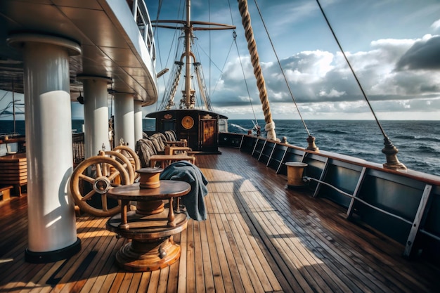 A large ship with a wooden deck and a large wheel on the front