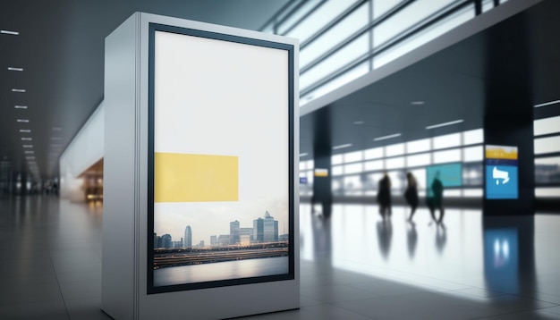 A large sign with a city in the background