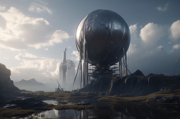 A large silver sphere sits on a rocky landscape with a large rock and a large water tower.