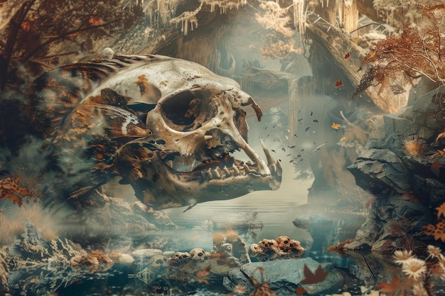 A large skeletal fish skull floats above a calm mysterious pool in a dreamlike forest A dreamlike portrayal of a fish skull floating in a mystical setting