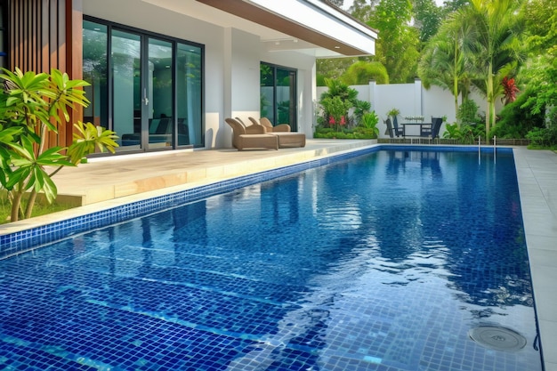 A large sleek and stylish modern swimming pool that adorns the exterior of a house