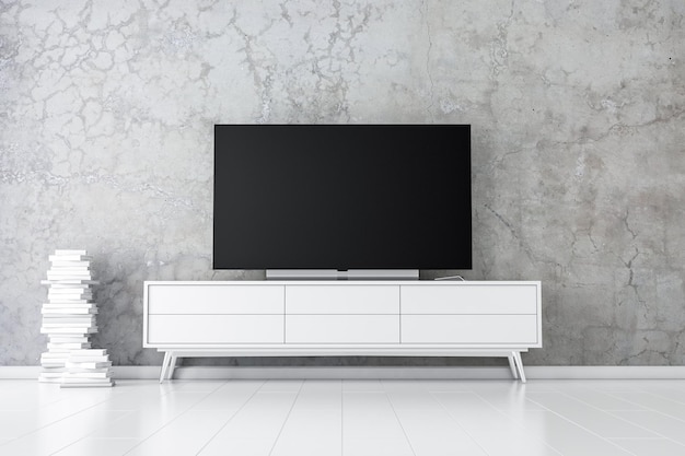 Large Smart Tv Mockup on white commode 3d rendering