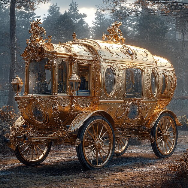 Photo a large smooth armored enclosed carriage made of shining golden metal it has a symbol of a lernaean