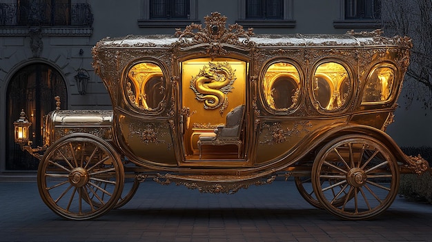 Photo a large smooth armored enclosed carriage made of shining golden metal it has a symbol of a lernaean