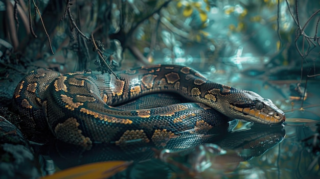 A large snake resting on top of a body of water Suitable for nature and wildlife themes