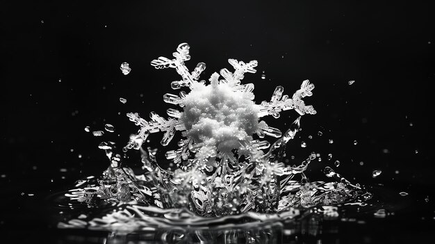 A large snowflake with intricate details splashing into water on a black background