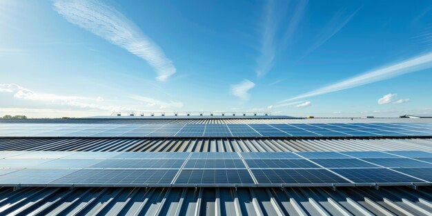 A large solar panel farm generates clean energy under a blue sky