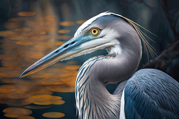 Large solitary heron with beautiful blue eyes frequents lake generative ai