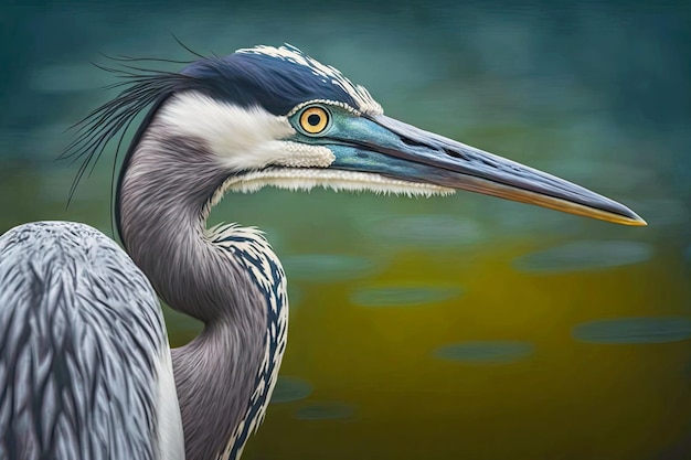 Large solitary heron with beautiful blue eyes frequents lake generative ai