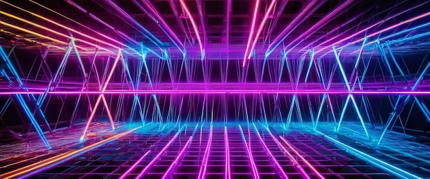 Large space filled with various bright lights creating an abstract geometric grid of neon rays