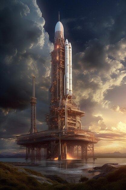 A large space station with a sky background and a large rocket on the top.