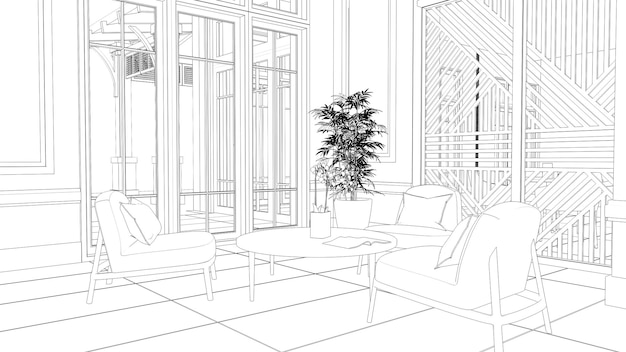 large and spacious interior of the lobby in the hotel sketch outline illustration cg render