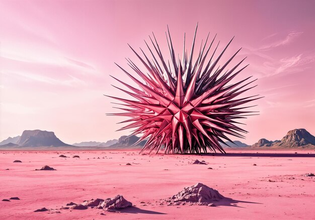 Photo large spiky red object standing out against a pink desert landscape with mountains in the background