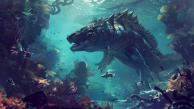 A large spiky sea monster swims through a vibrant coral reef