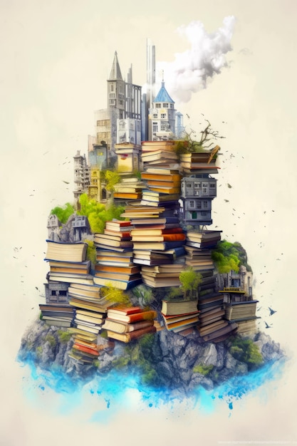 Large stack of books sitting on top of pile of books on top of mountain Generative AI