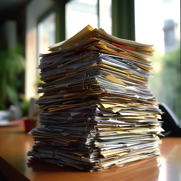 A large stack of handwritten materials on a wooden table on a blurred background of a bright office