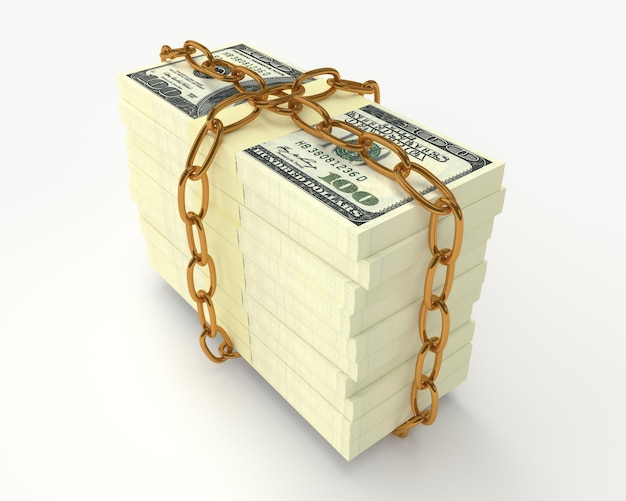 Large stack of money wrapped chain isolated on white