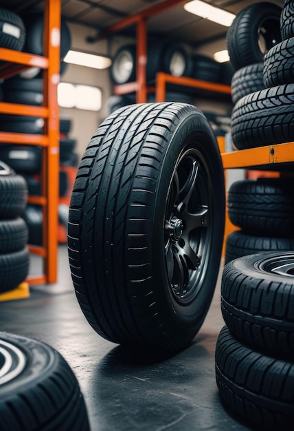 a large stack of tires that are on a shelf