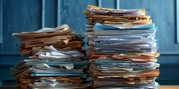 A large stack of unorganized paper documents and files on a wooden table