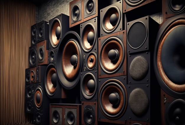 A large stack of vintage music audio speakers Generative ai