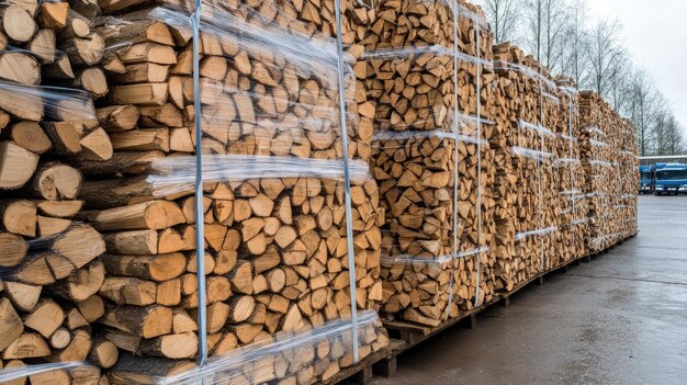 Photo large stacks of firewood in a springtime forest show cut tree trunks tightly wrapped in tape with multiple rows of timber creating a natural pathway among the trees