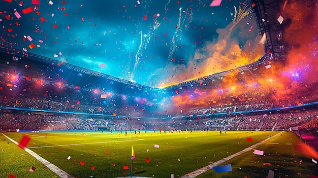 A large stadium with confetti and fireworks in the air