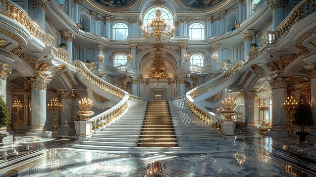 Photo a large staircase that is made of marble and has a gold chandelier on it