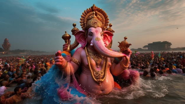 a large statue of a god in the water with a large number of people in the background.