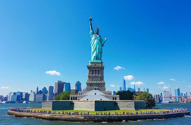 a large statue of liberty stands in front of a city skyline