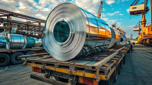 Large steel coils loaded on a truck in an industrial shipping yard with cranes and a blue sky in the background