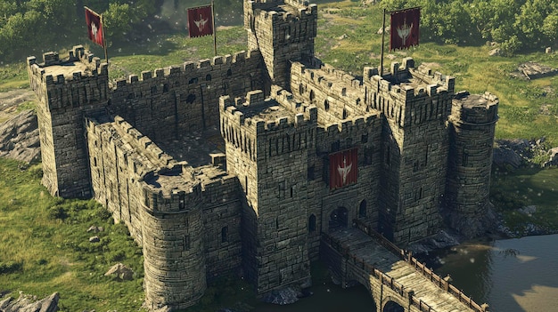 A large stone castle with a drawbridge and a moat surrounded by a lush green field and forest