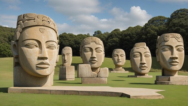 Large stone heads with serene expressions are arranged in a grassy field