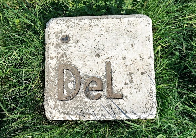 large stone installation button delete close up makes an imitation computer key lying on green grass