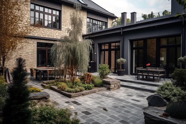 A large stone patio with a stone patio and a large garden area.