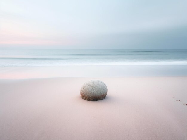 A large stone in the sand is on a beach.