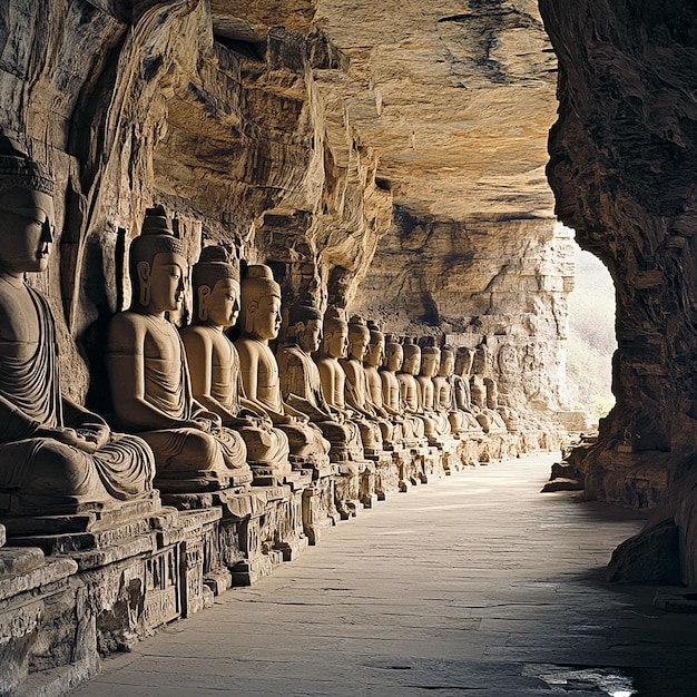 a large stone statue is in a cave with the name quot nuys quot on the top