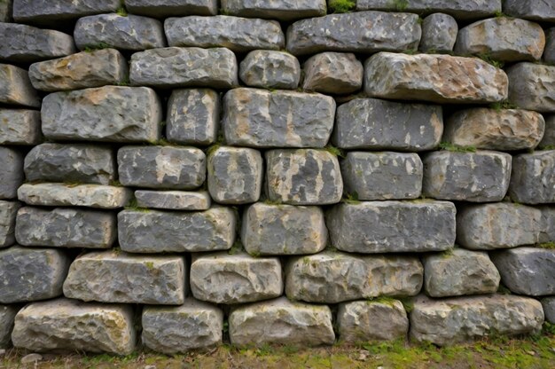 a large stone wall has a green moss growing on it